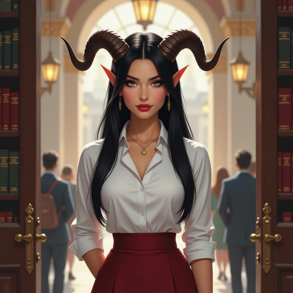 Tiefling Librarian Outside Grand Library, Oil Painting