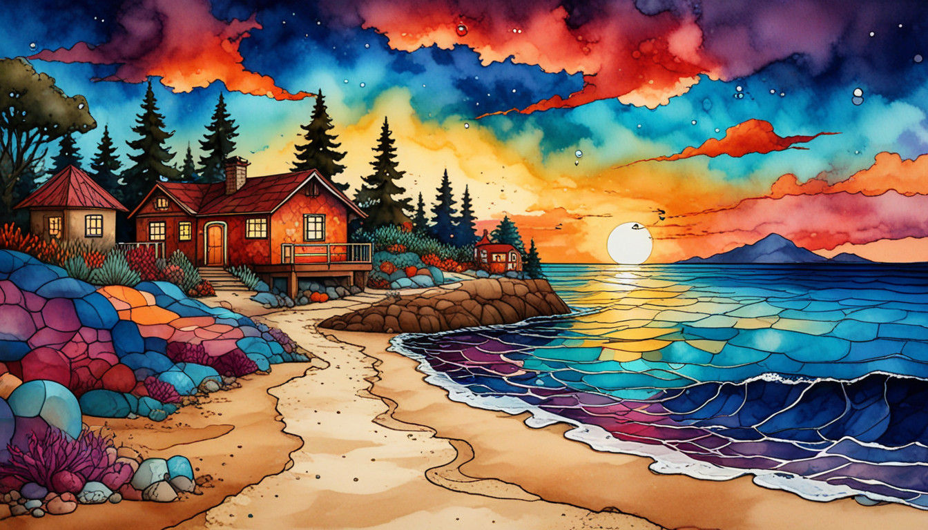 Surreal Mermaid Amidst Whimsical Sunset in Impasto Style