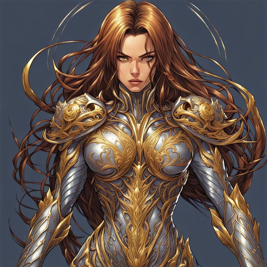 A powerful anime-style witchblade with liquid metal and gold details on its armor, very beautiful intricate details in t...