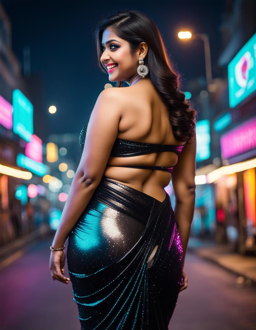 Hyperrealistic Curvy Woman in Neon City Night