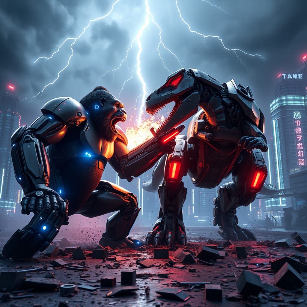 Mecha Gorilla vs T-Rex in Cyberpunk Cityscape