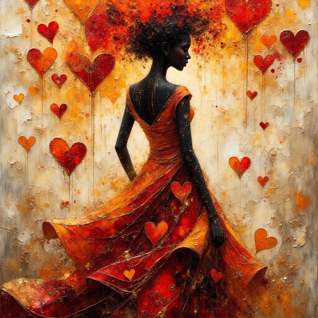 African Princess Silhouette with Hearts in Impasto Style