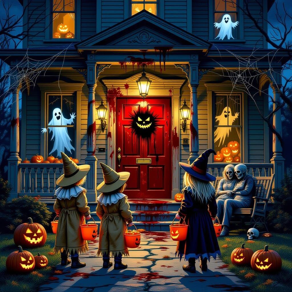 Halloween Manor: Spooky Scene with Costumed Children and Zom...