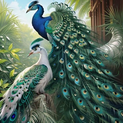 two entwined peacocks, white and green, the other green and ...