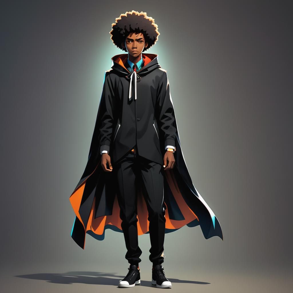 Confident Anime Teen in Black Suit Cloak