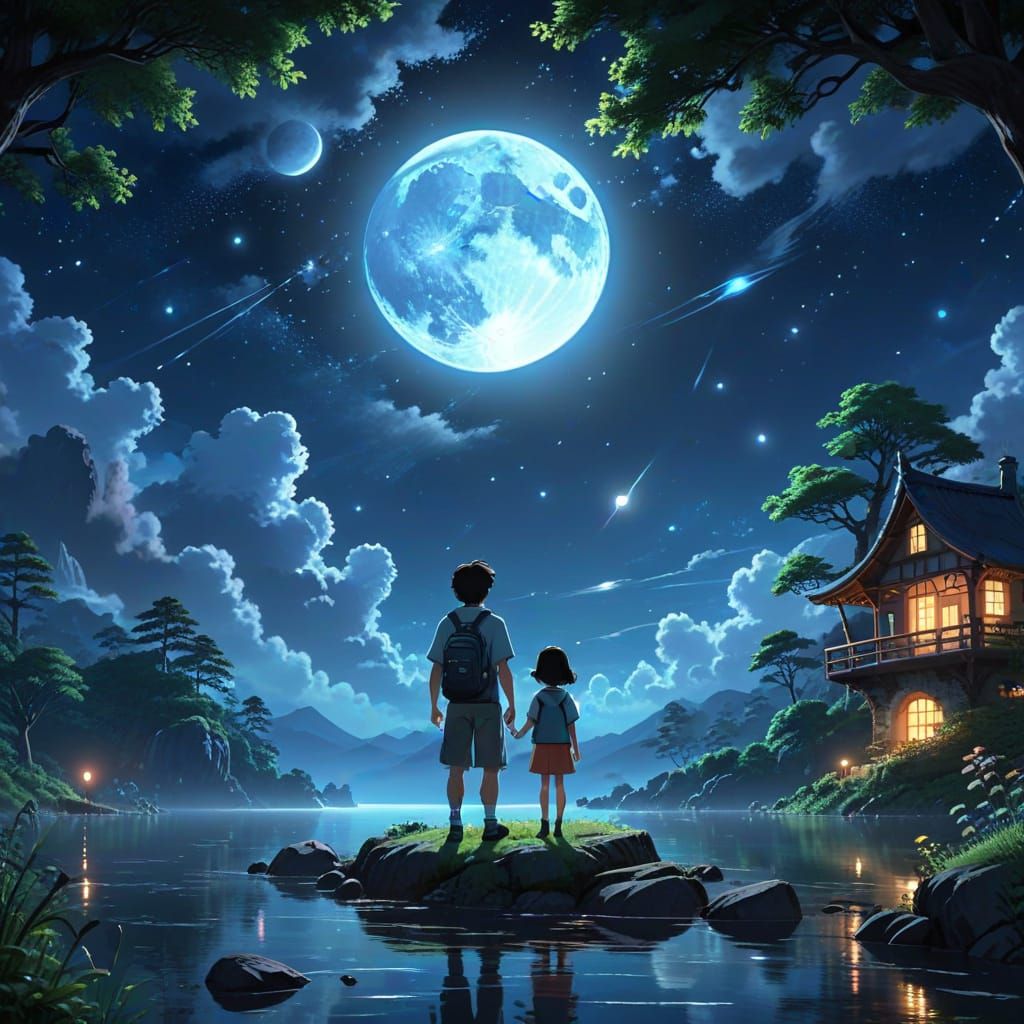 Moonlit Father and Child in Ghibli Style