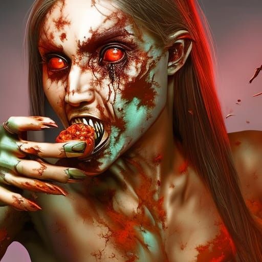 Beautiful female zombie eating a severed limb