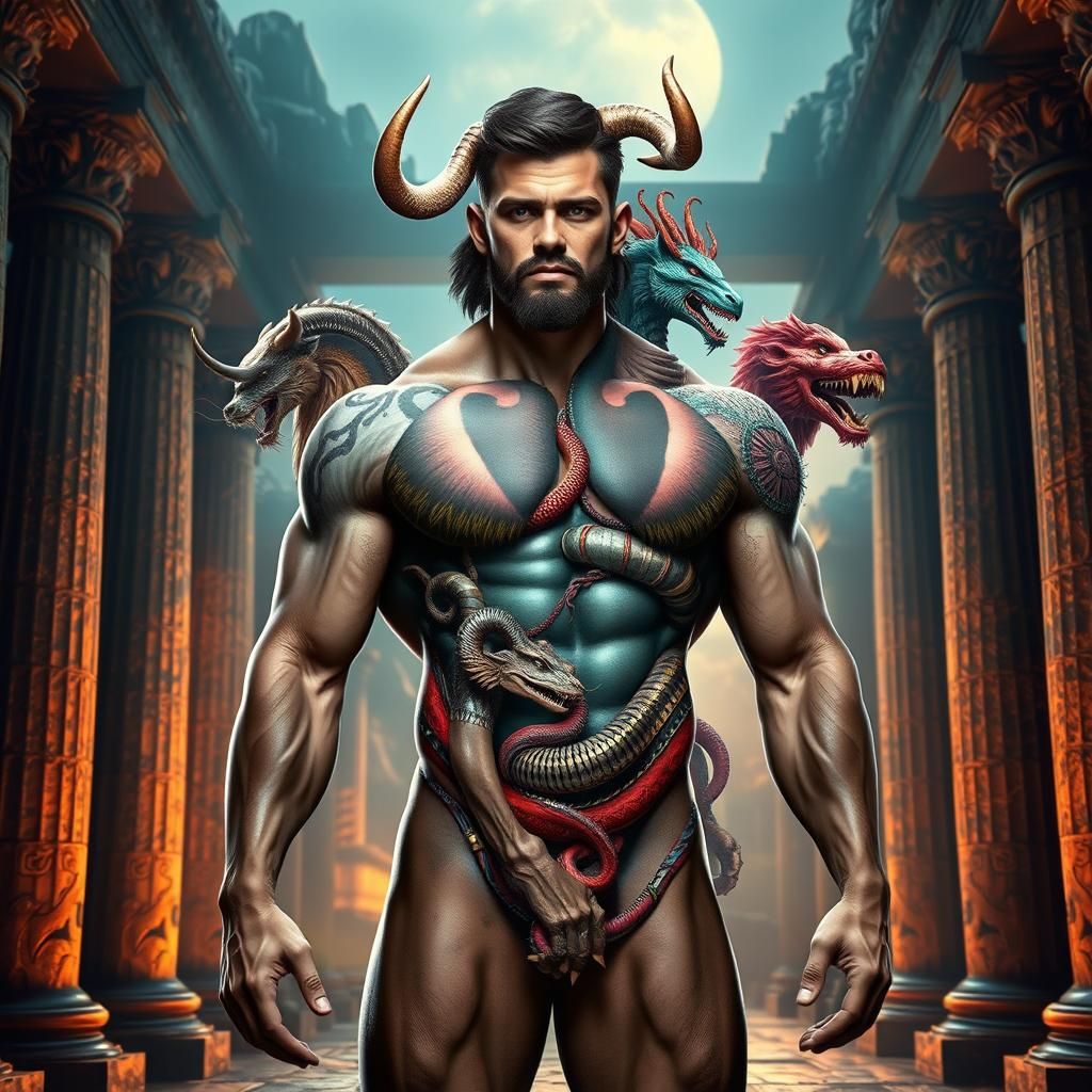 Muscled Greek Warrior Adorned with 3D Body Paint
