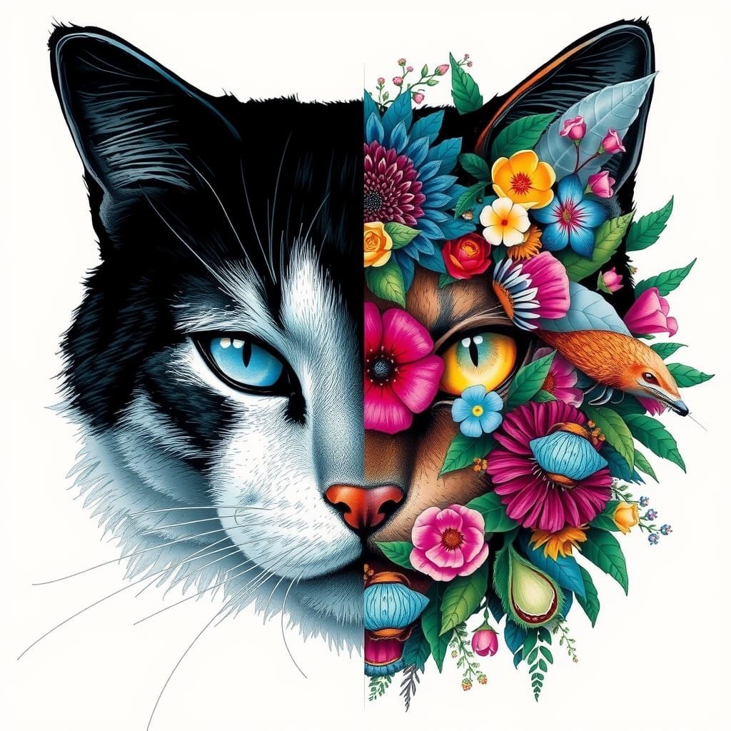 Glitch Art Cat Face with Contrasting Halves