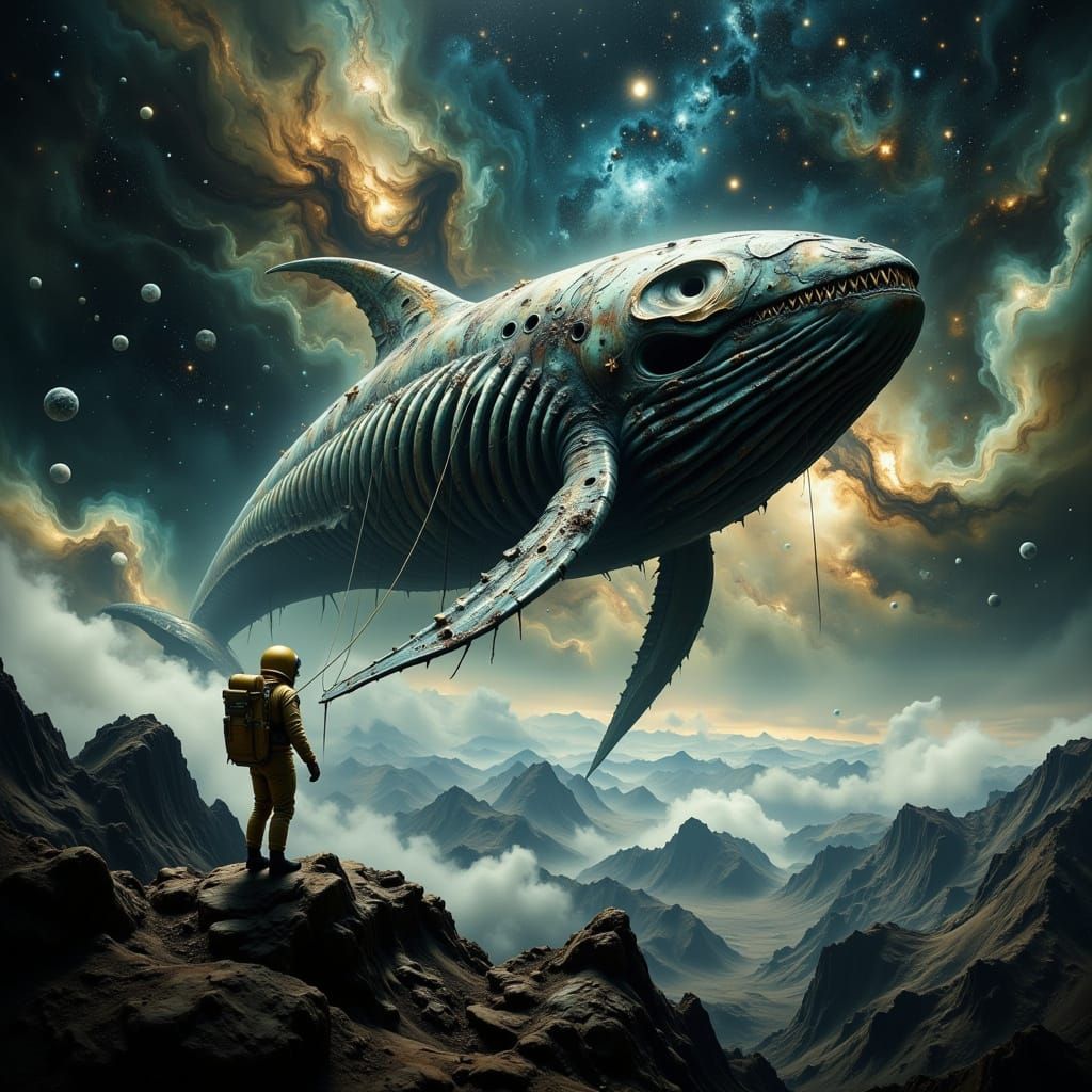 Astronaut and Skeletal Whale Spaceship in Void