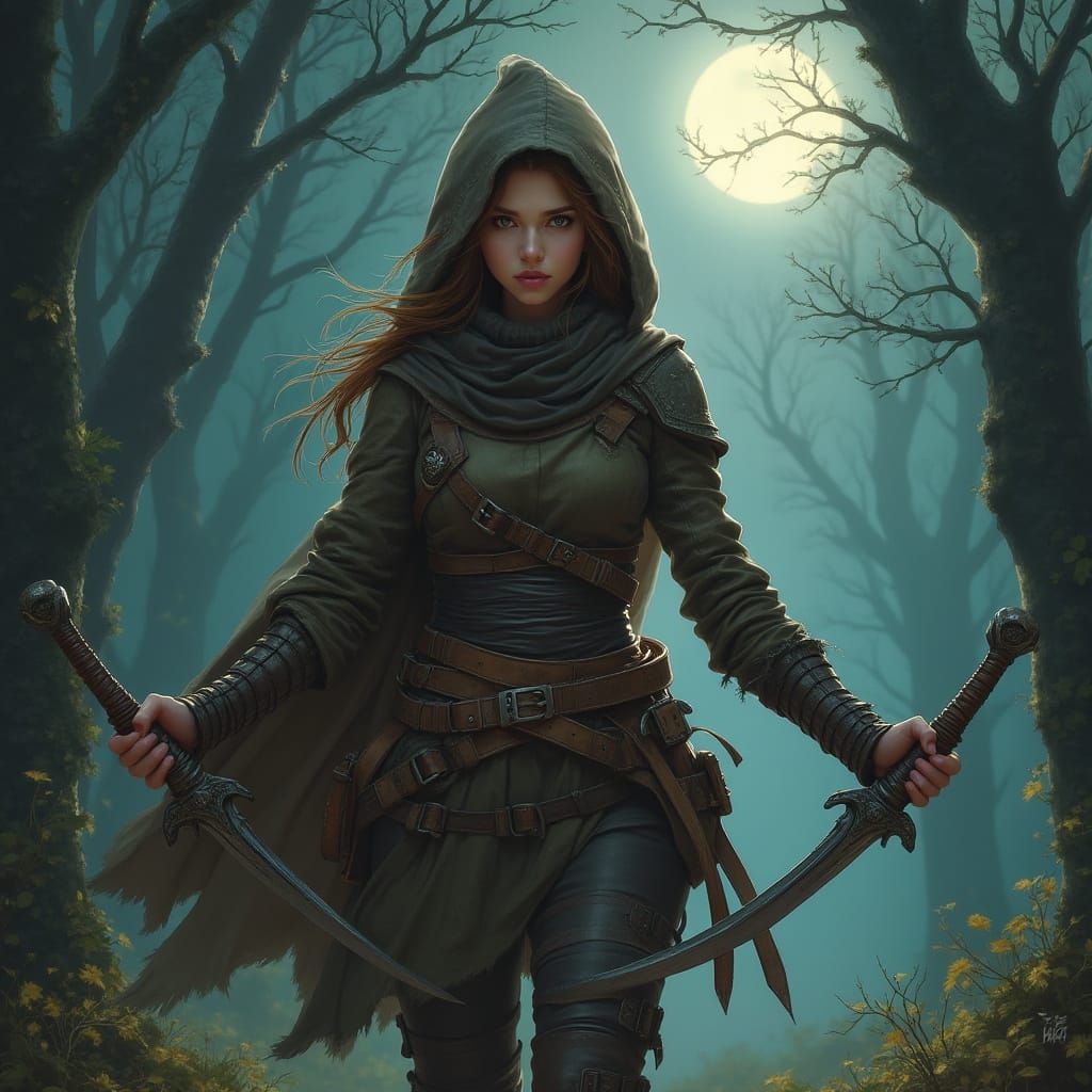 Gnome Rogue in Moonlit Forest, Fantasy Art