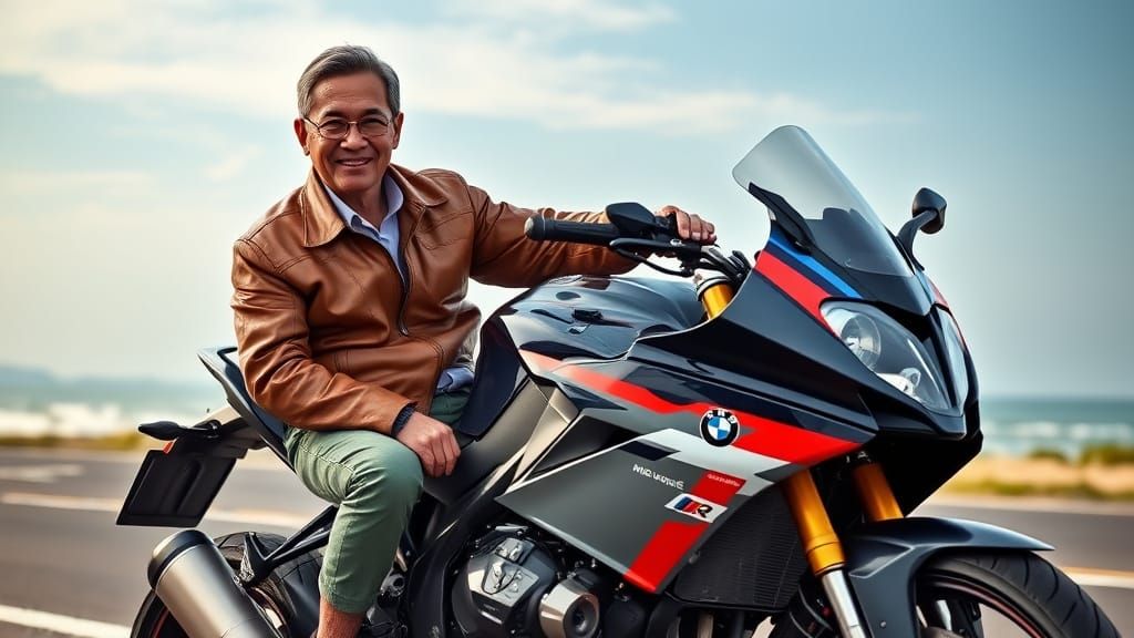 Indonesian Man Rides BMW S 1000 RR in Futuristic Beach Scene