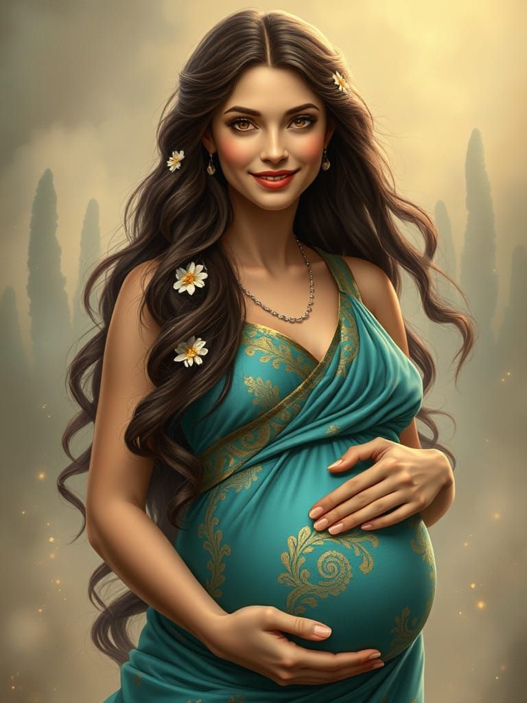 Radiant Pregnant Goddess in Whimsical Fantasy Landscape