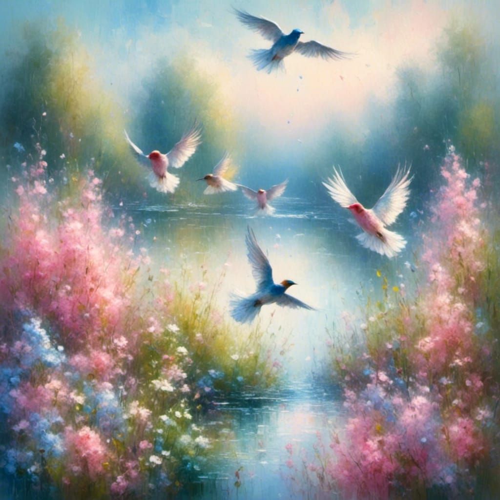 Graceful birds with soft pastel wings soar over a serene lak...