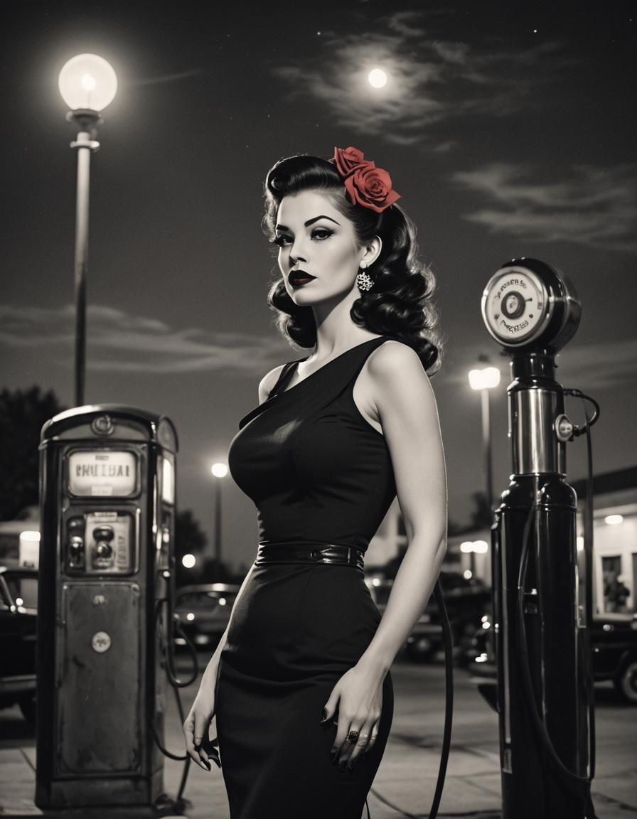 “A mysterious rockabilly femme fatale in a tight black dress...