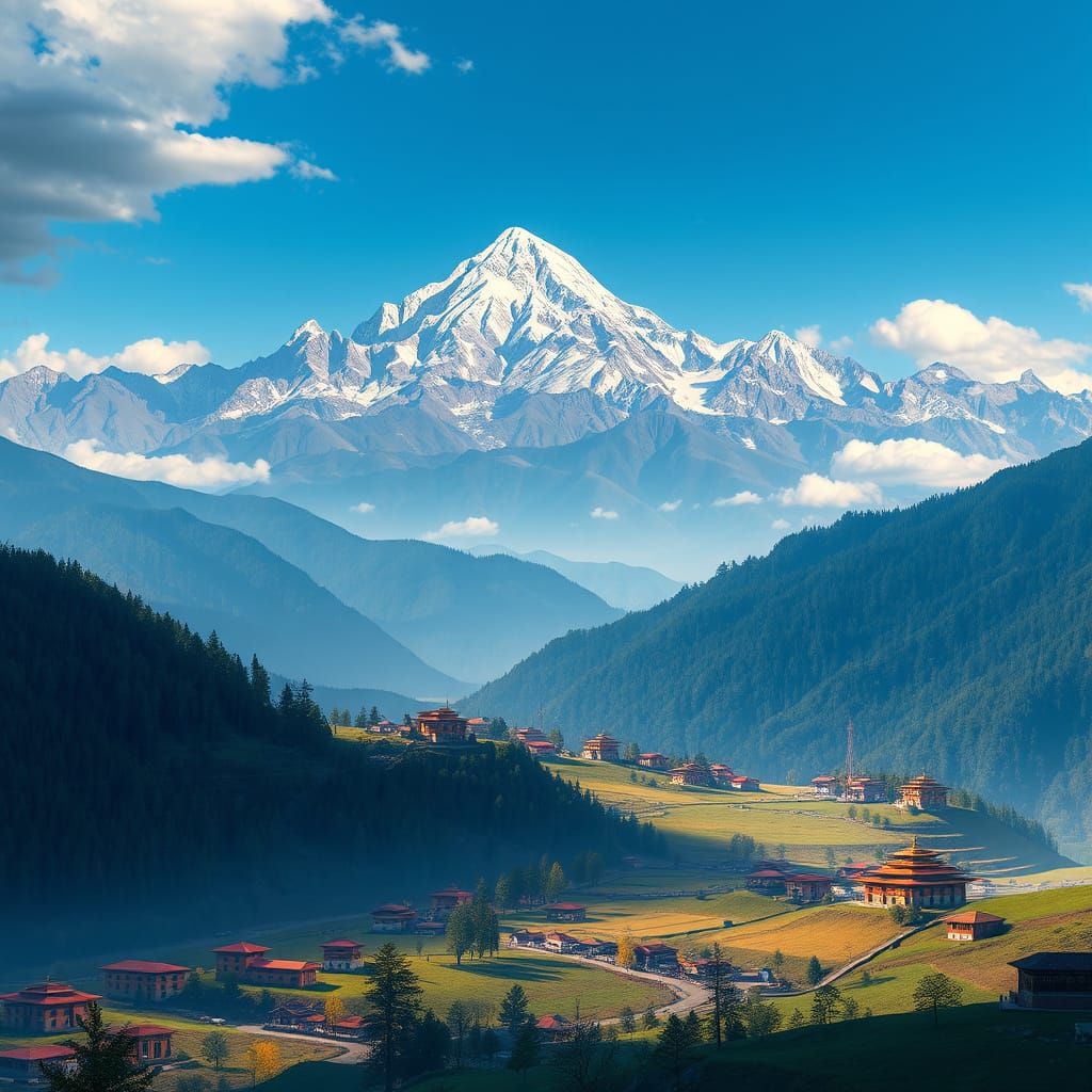 Majestic Bhutanese Himalayas in Dreamlike, Matte Painting St...