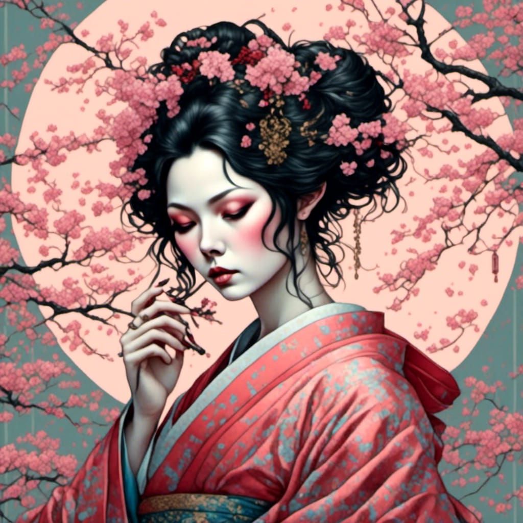 Shy Geisha Surrounded by Cherry Blossoms