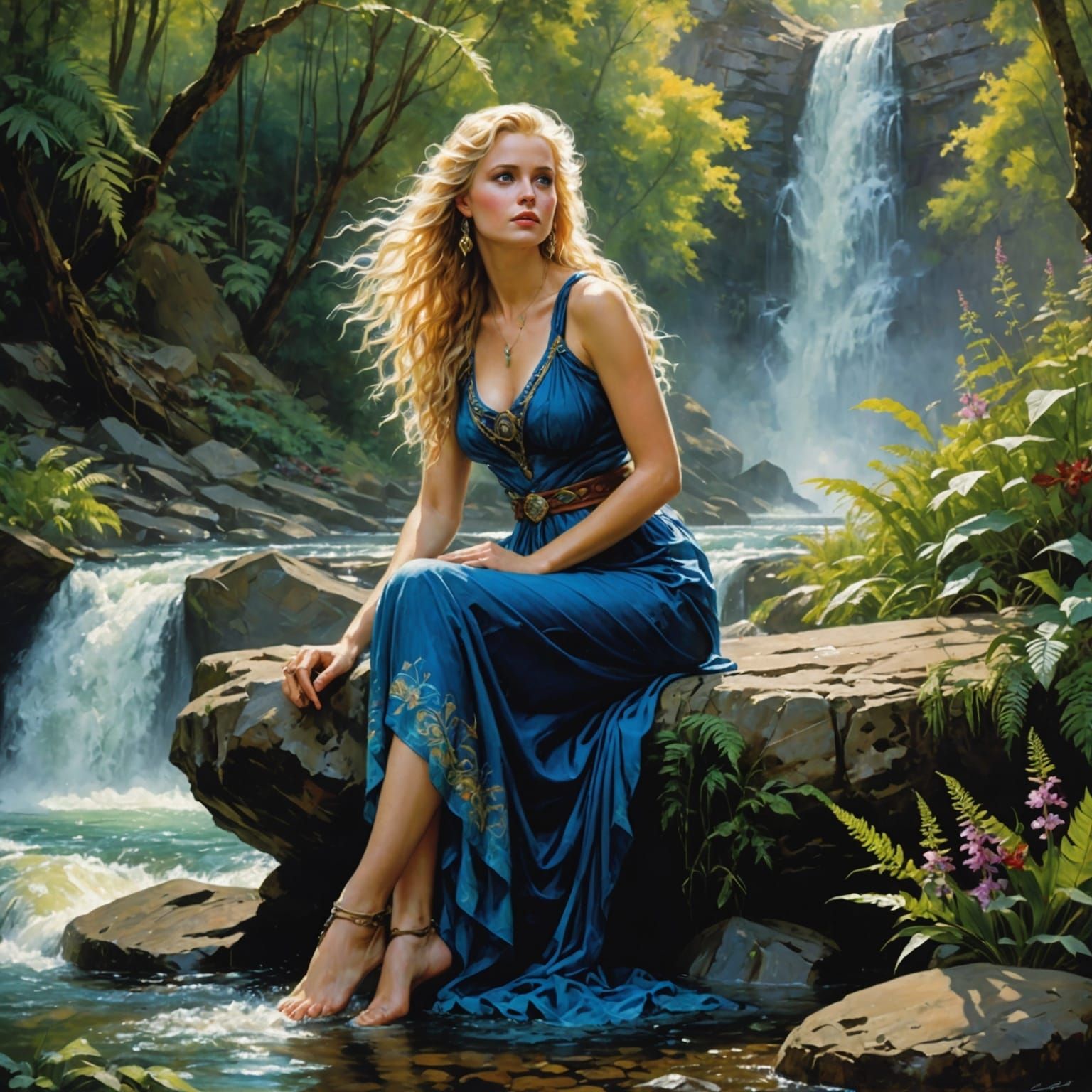 River Siren by Waterfall in Oil Painting Style