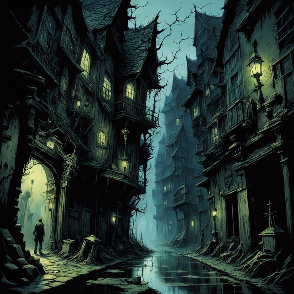 Dark Fantasy Fishing Village in Thunderstorm