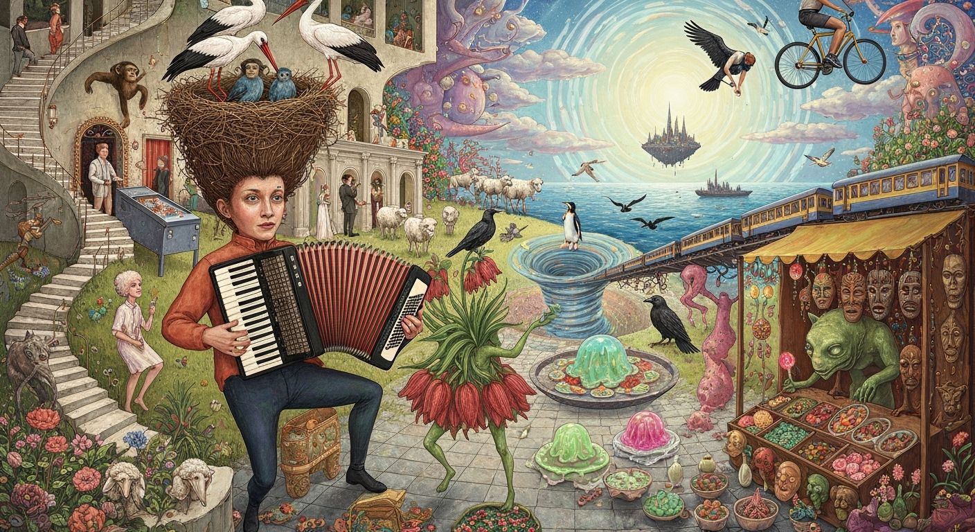 Surreal Accordionist at Palais Idéal, Ernst Haeckel Style