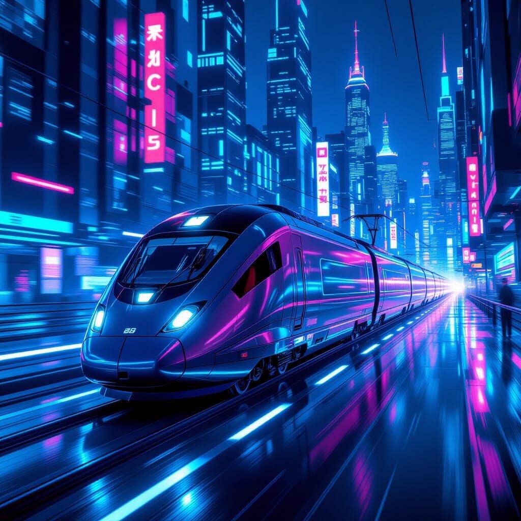 Futuristic Train Speeding Through Neon Cityscape