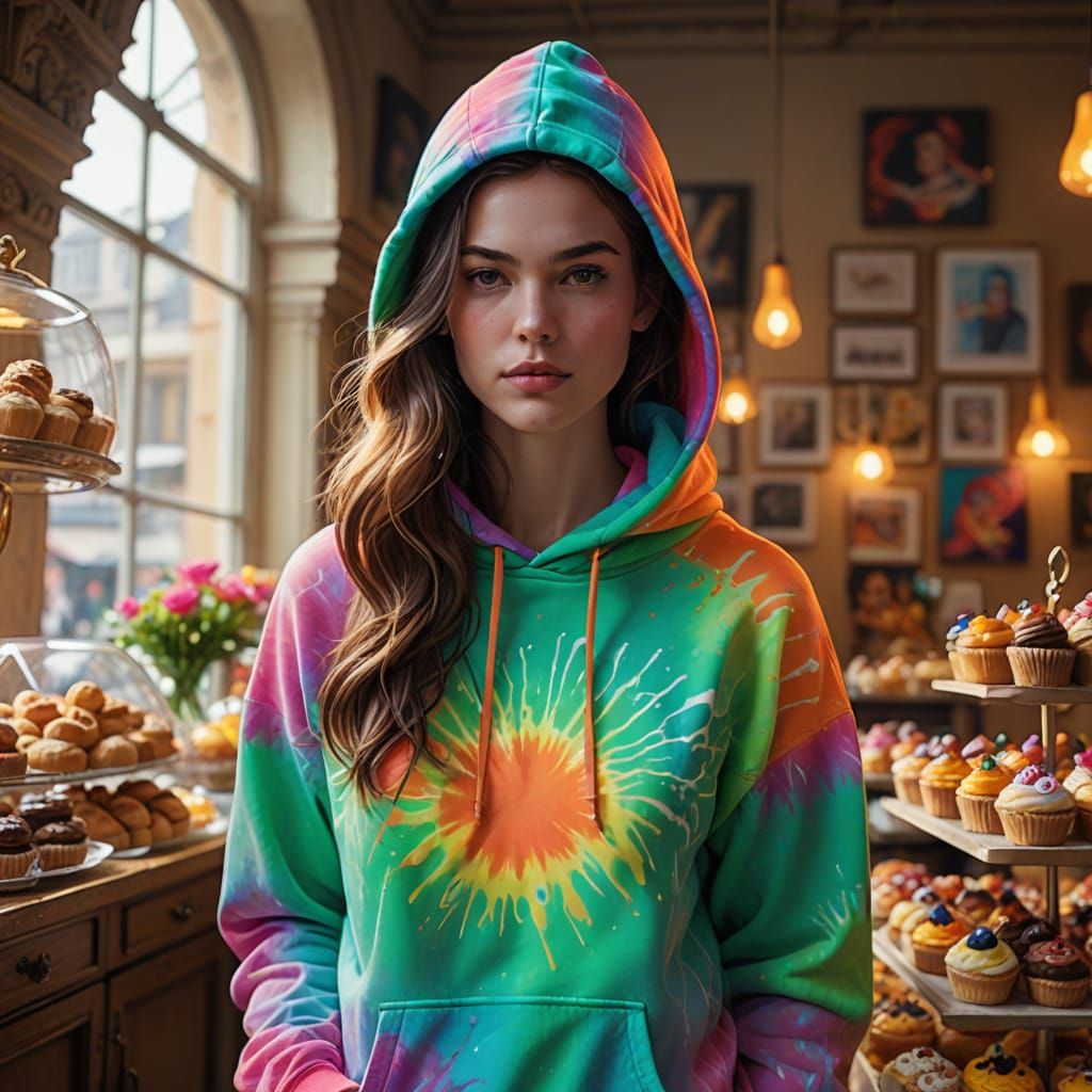 Neon Tie-Dye Hoodie Portrait in Comic Book Style