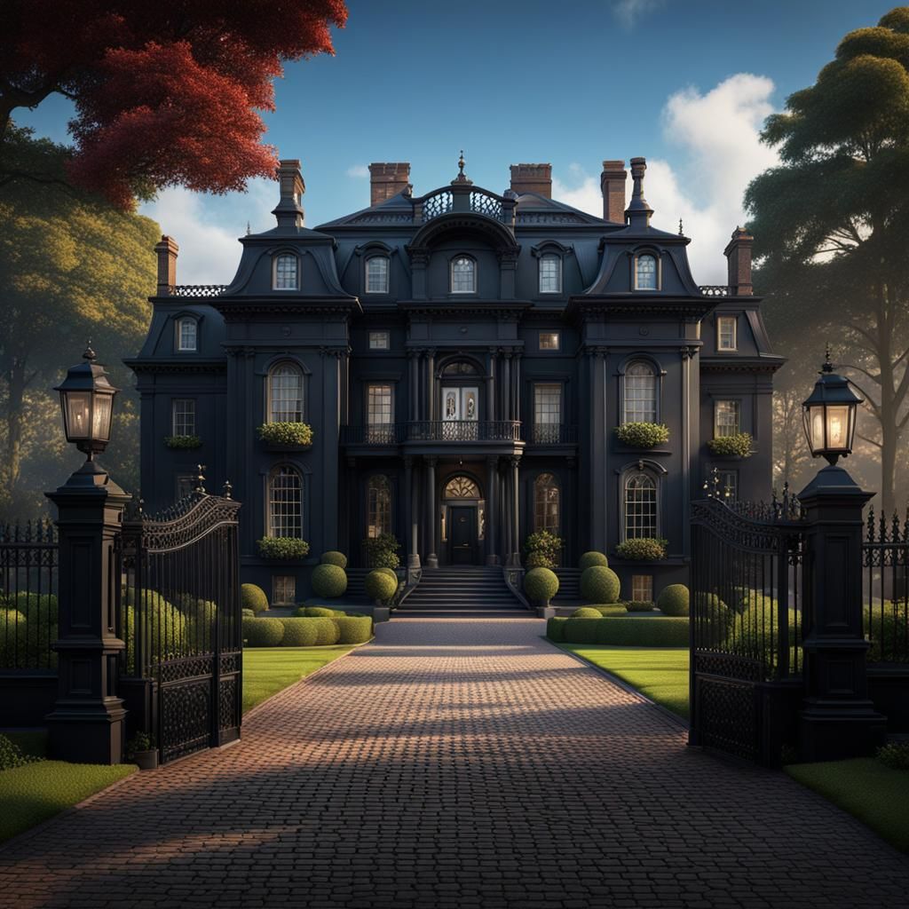 A beautiful grand traditional black Georgian mansion with a long traditional gated driveway detailed matte painting, dee...