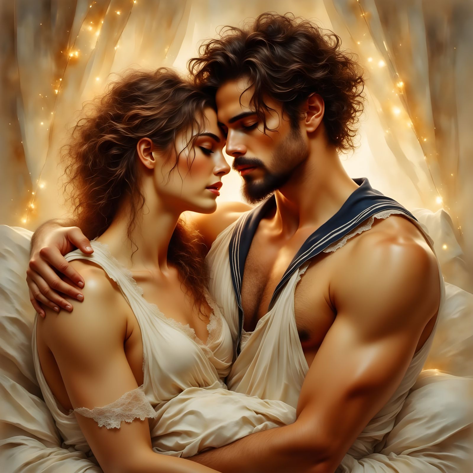 Two Men Embracing in Painterly Golden Light