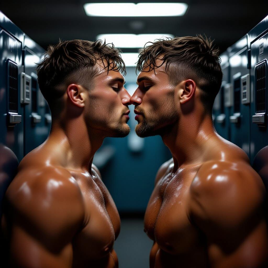 Intimate Kiss Between Football Players in Locker Room