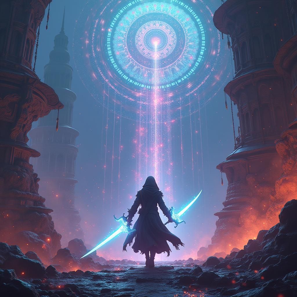 Mystical Warrior with Galaxy Blades in Ethereal Cityscape
