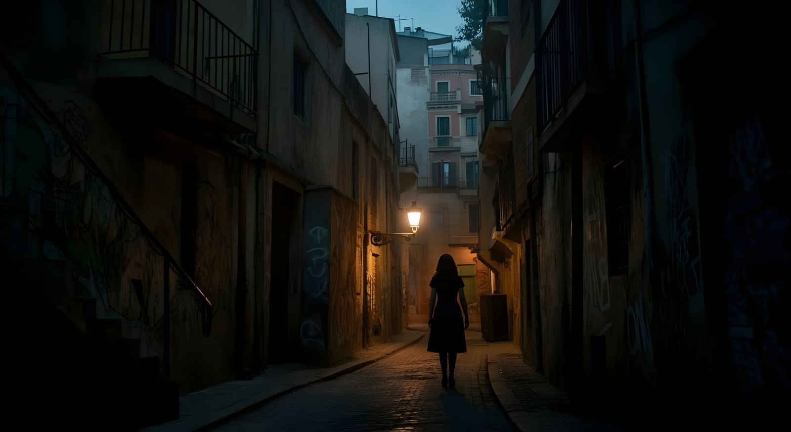 Gritty Barcelona Alley in Film Noir Style