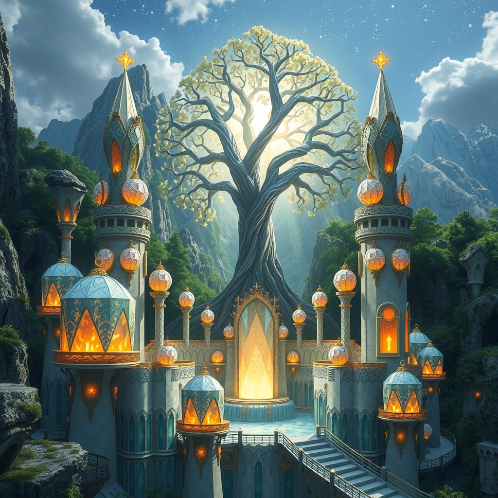 Radiant Crystal Palace on Lush Green Mountain