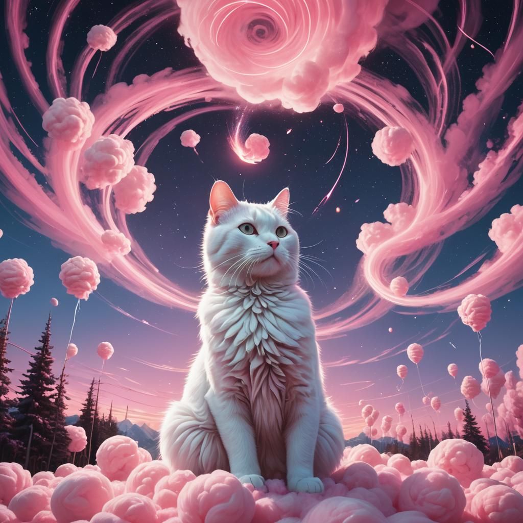 White Cat in Cotton Candy Dreamscape, Digital Painting