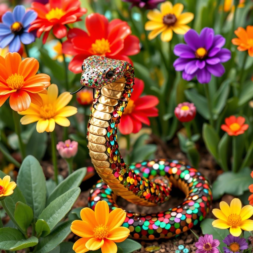 Sequin Snake Emerges from Vibrant Flower Garden
