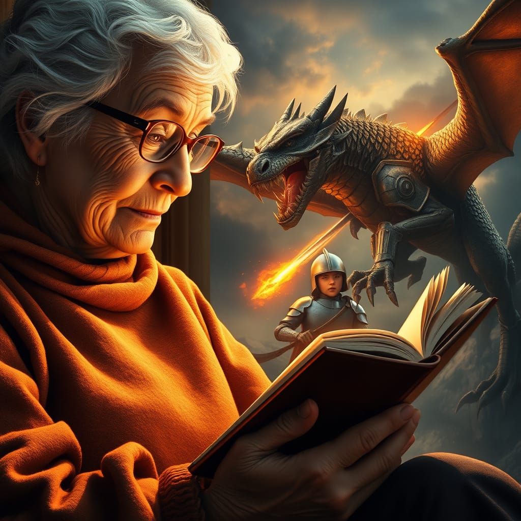 Grandmother Reads to Enchanted Boy in Whimsical, High-Fantas...