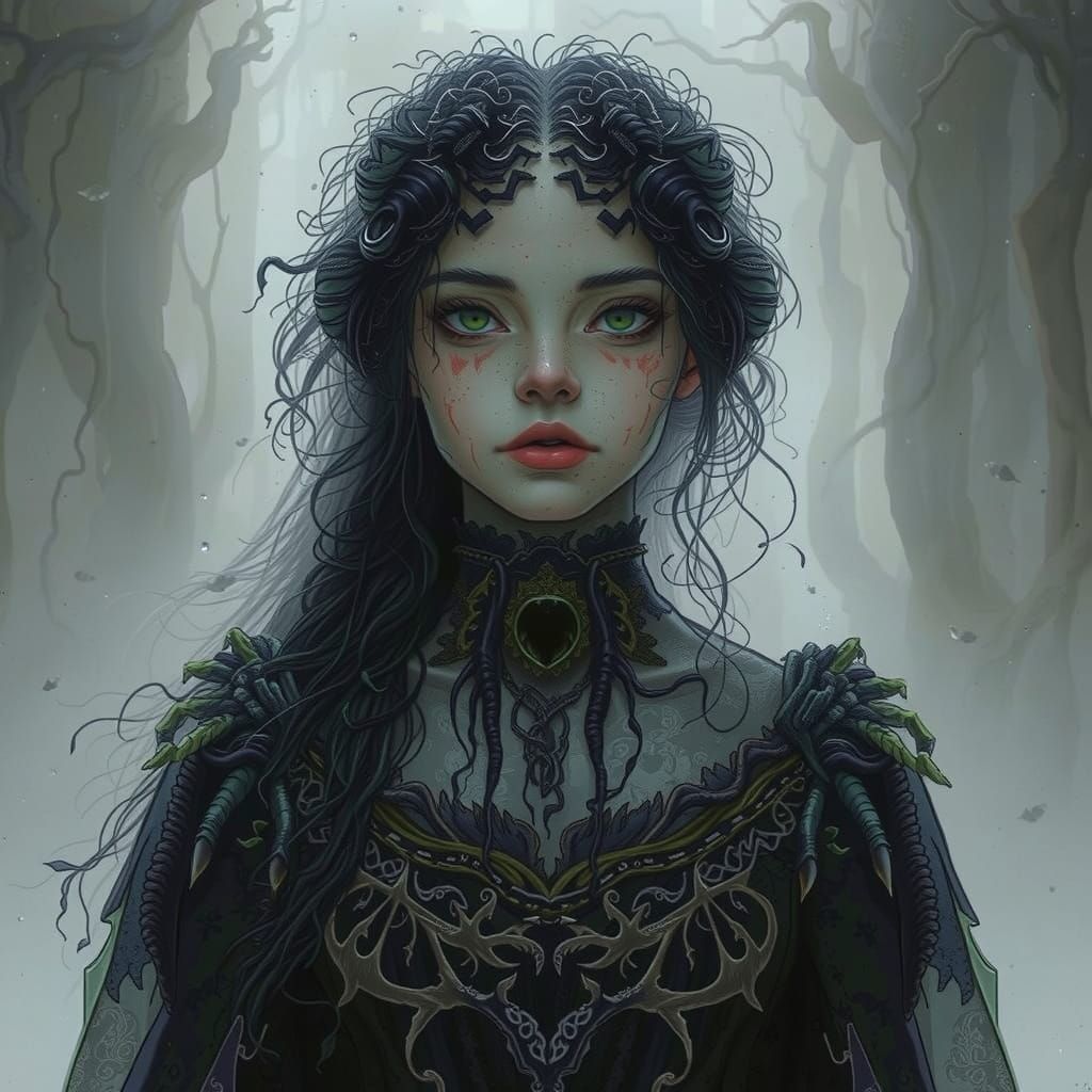 Weeping Woman in Eerie Forest: Horror Art