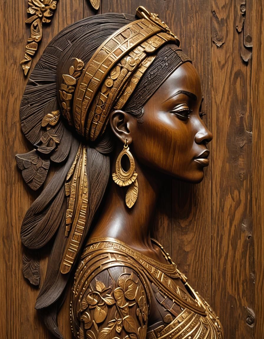 Gilt Teak Relief Carving: African Woman Profile