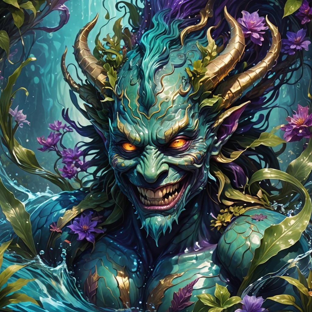 Water Demon Portrait in Vibrant Digital Fantasy Art