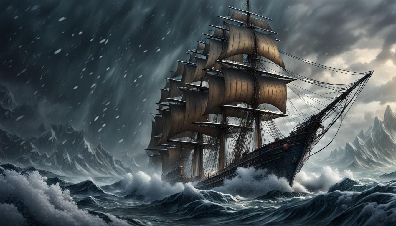 Sailing Ship in Snowstorm: Detailed Matte Painting