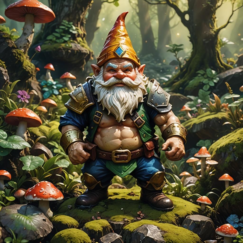 Muscular Garden Gnome Flexing in a Lush Garden