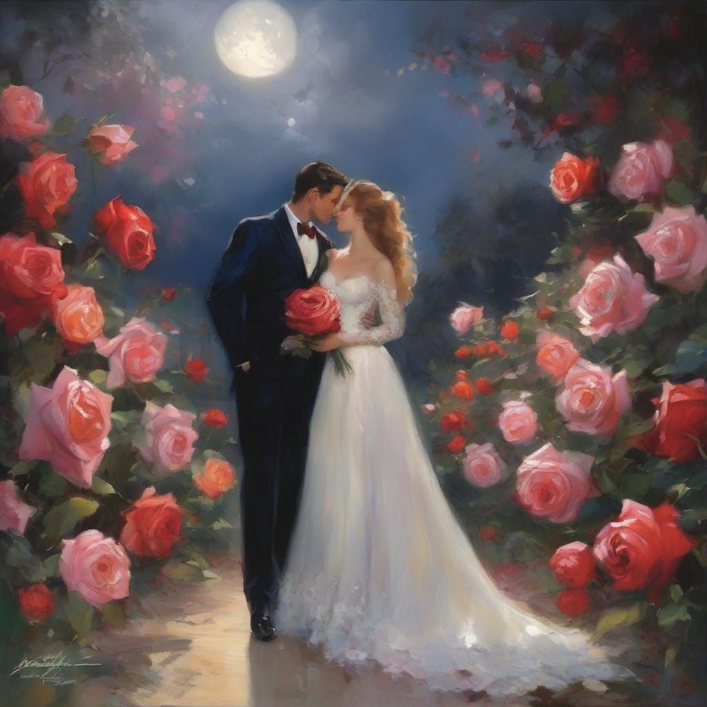 Romantic Rose Garden Scene in Impressionist Style