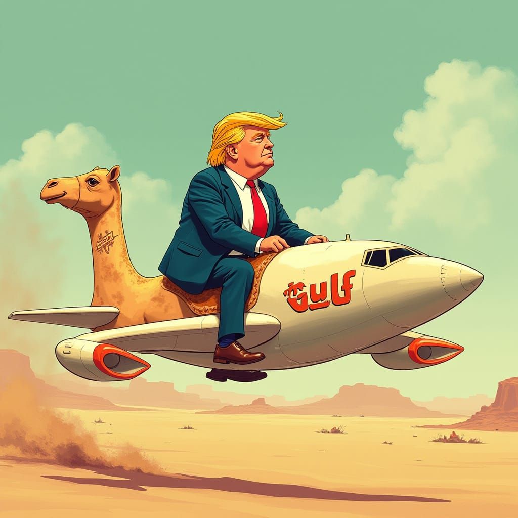Trump on Camel Airplane: Retro-Futuristic Satire