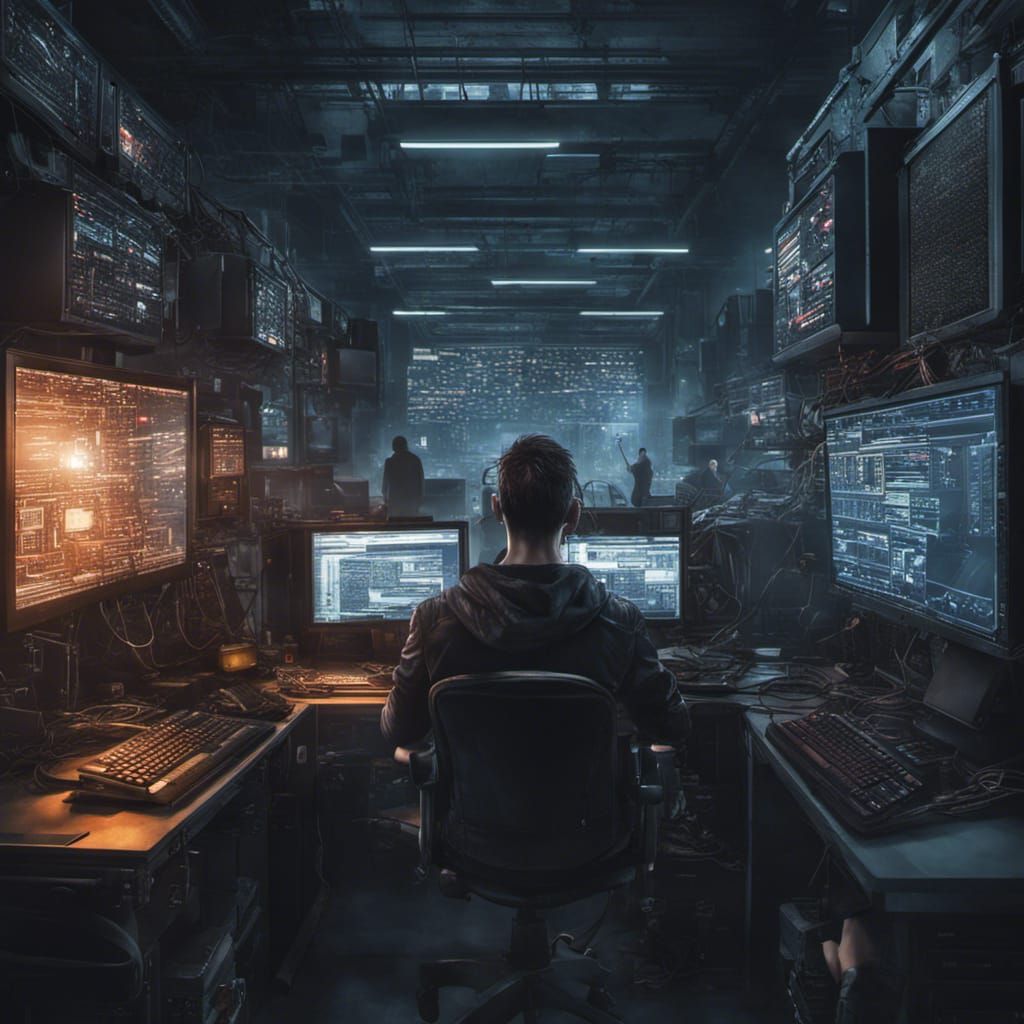 Cyberpunk Hacker in Dark Operations Center