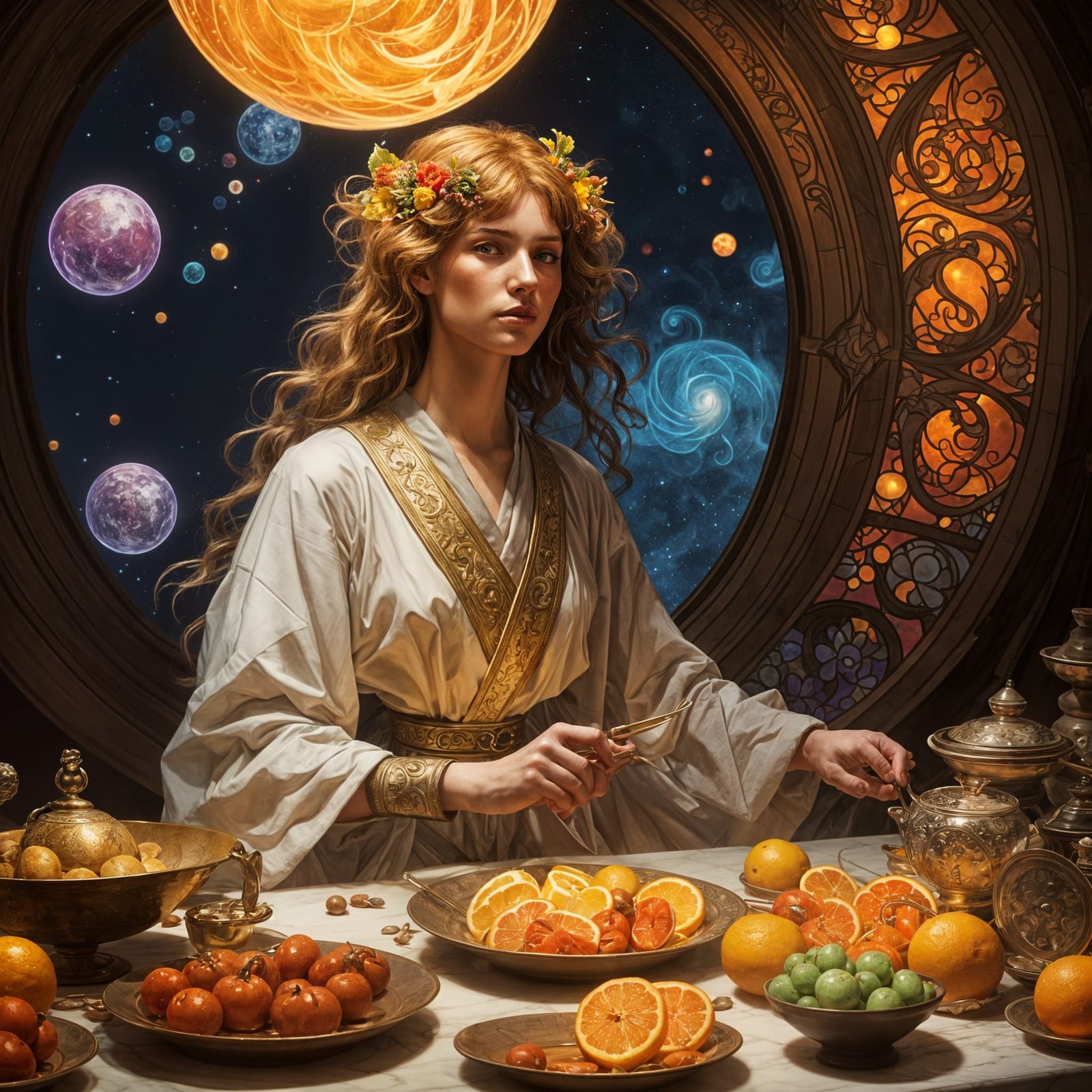 Celestial Chef on Candy Planet in Art Nouveau Style