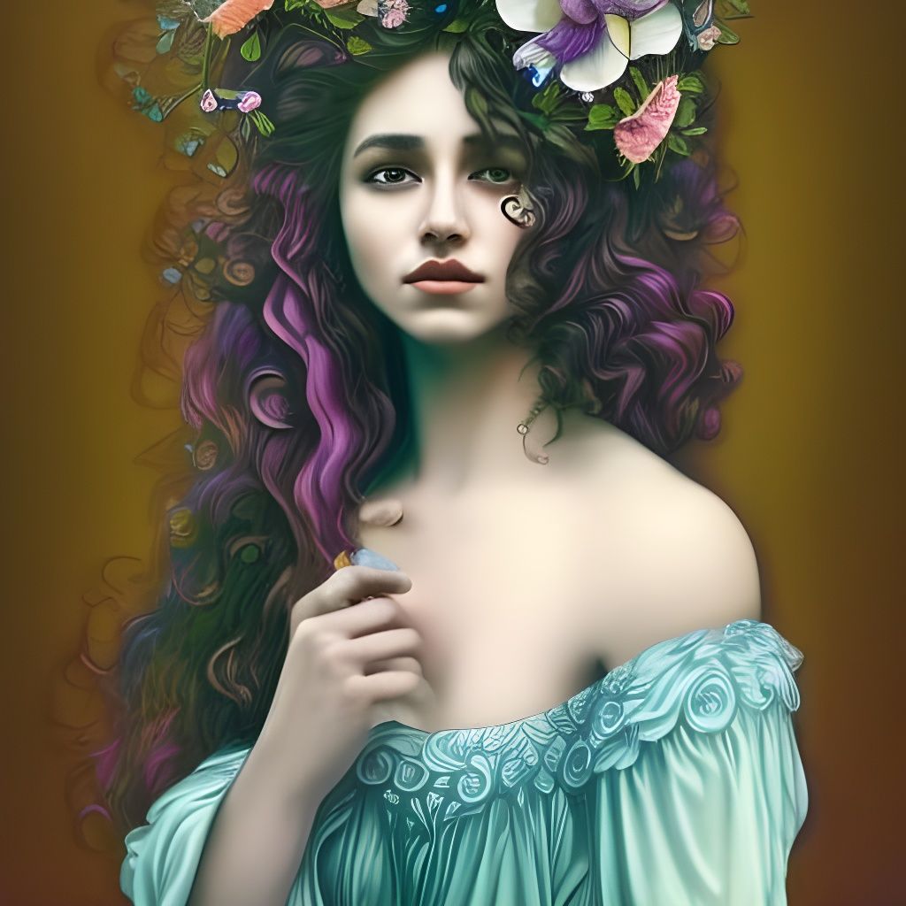 Hispanic Ophelia with Purple Hair in Art Nouveau Style