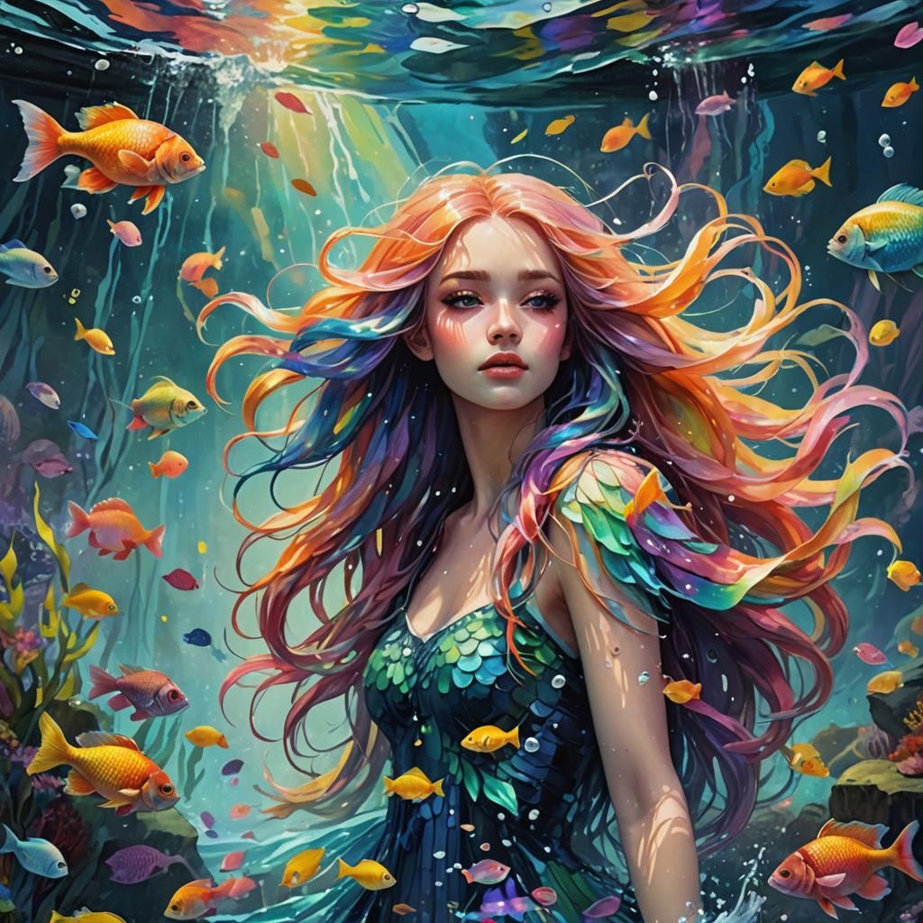 Underwater Girl with Parrot Fish in Neo-Impressionist Style