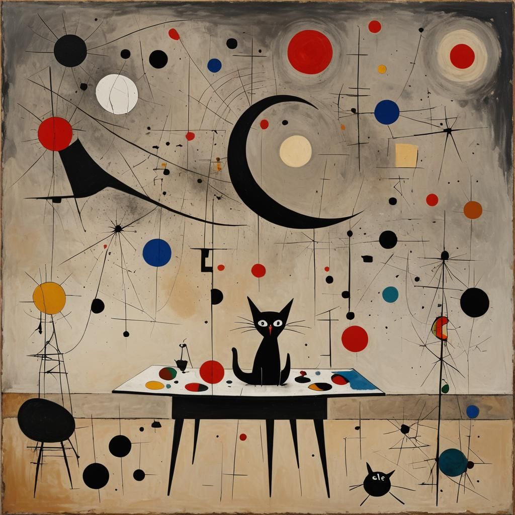 Generate a painting by Joan Miro, a table, a window, upside-down bird, man sitting in very fine black suit and big head,...