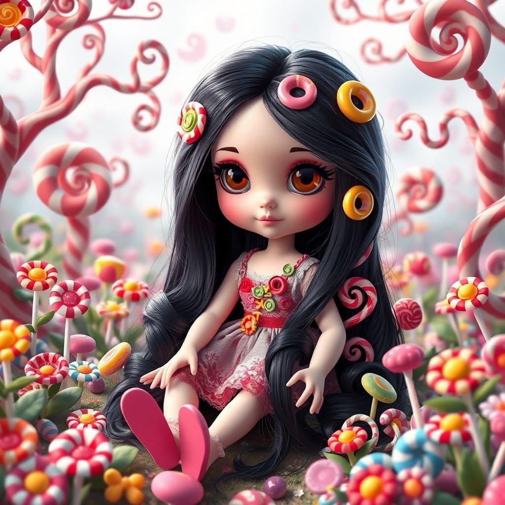 Doll with brown eyes sitting in a garden with long black hair Gothic