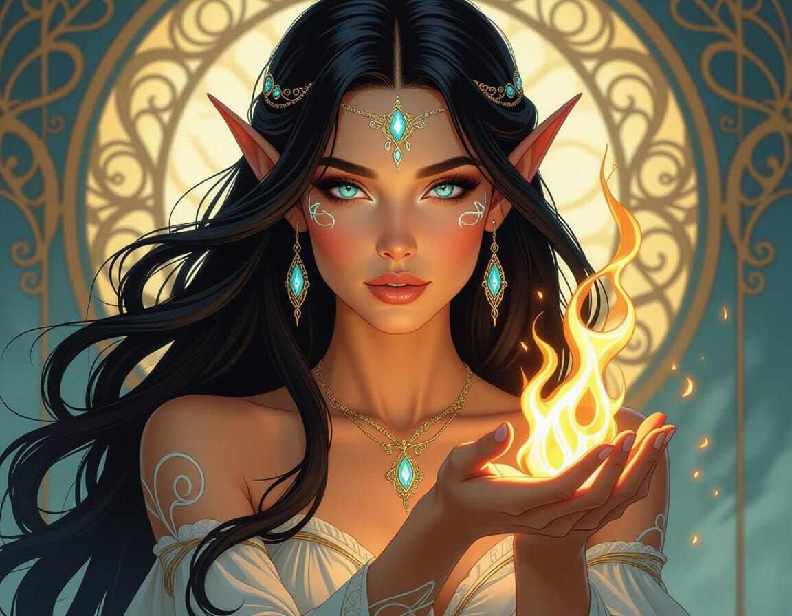 Elegant Elven Mage Holding a Dancing Flame