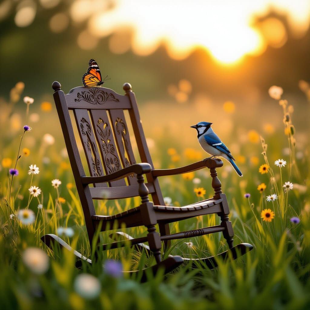 Intricate Rocking Chair in Meadow, Hyperrealistic Photograph...